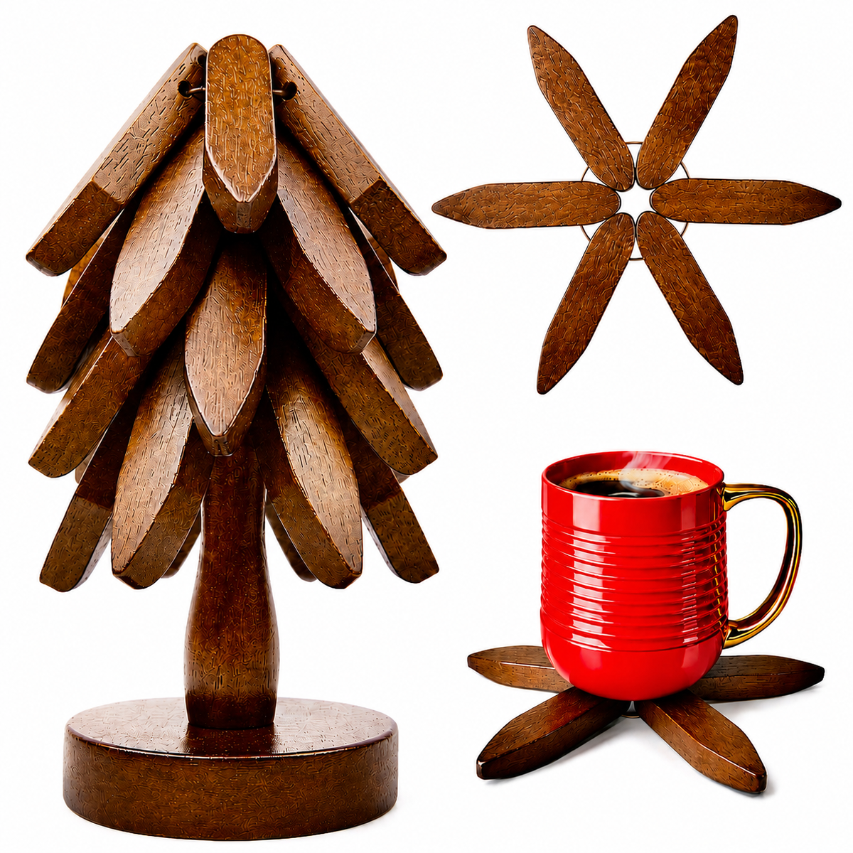 Foldable Wooden Trivet Set for Hot Dishes - 4 Trivets + 1 Stand (Black Walnut)