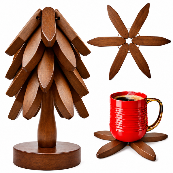Foldable Wooden Trivet Set for Hot Dishes - 4 Trivets + 1 Stand (Black Walnut)