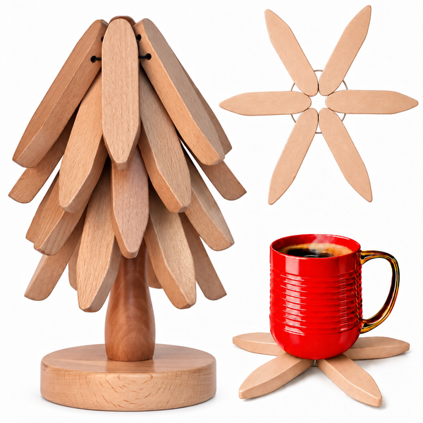 Foldable Wooden Trivet Set for Hot Dishes - 4 Trivets + 1 Stand (Natural Beech)