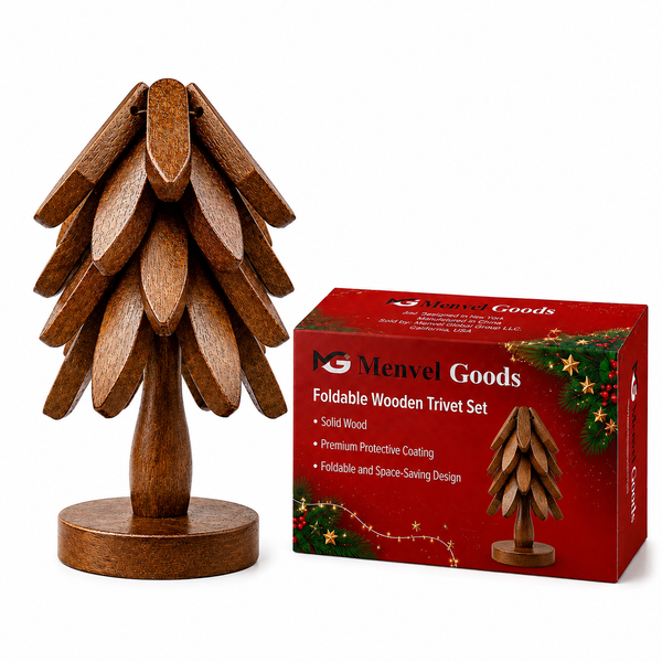 Foldable Wooden Trivet Set for Hot Dishes - 4 Trivets + 1 Stand (Black Walnut Christmas Gifts Box)