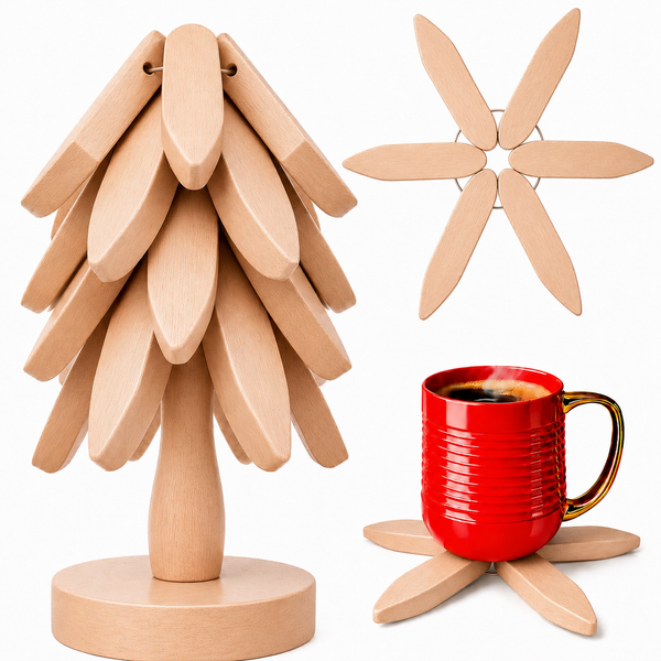 Foldable Wooden Trivet Set for Hot Dishes - 4 Trivets + 1 Stand (Natural Beech)