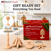 Foldable Wooden Trivet Set for Hot Dishes - 4 Trivets + 1 Stand (Natural Beech Christmas Gift Box)