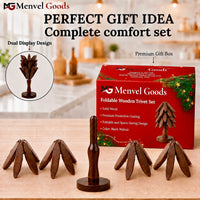 Foldable Wooden Trivet Set for Hot Dishes - 4 Trivets + 1 Stand (Black Walnut Christmas Gifts Box)