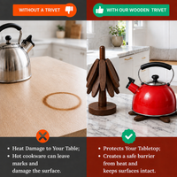 Foldable Wooden Trivet Set for Hot Dishes - 4 Trivets + 1 Stand (Black Walnut)