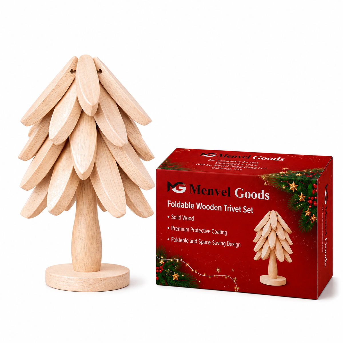 Foldable Wooden Trivet Set for Hot Dishes - 4 Trivets + 1 Stand (Natural Beech Christmas Gift Box)