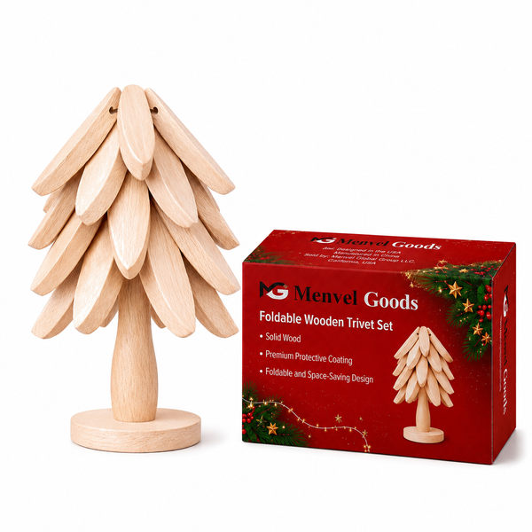 Foldable Wooden Trivet Set for Hot Dishes - 4 Trivets + 1 Stand (Natural Beech Christmas Gift Box)