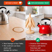Foldable Wooden Trivet Set for Hot Dishes - 4 Trivets + 1 Stand (Natural Beech)