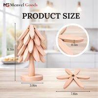 Foldable Wooden Trivet Set for Hot Dishes - 4 Trivets + 1 Stand (Natural Beech Christmas Gift Box)