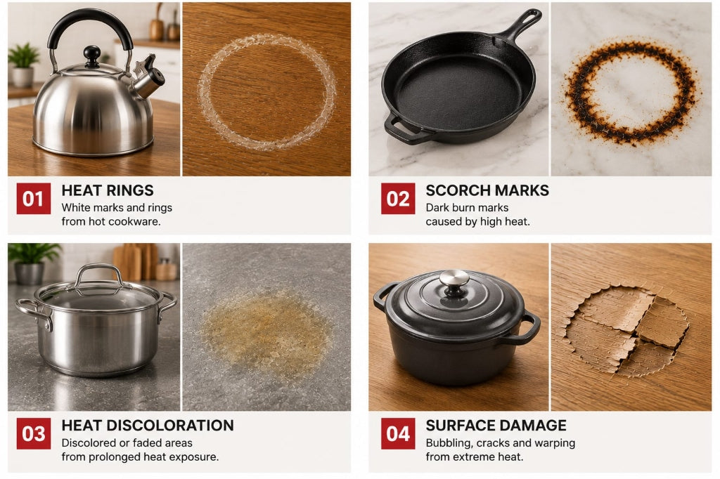 Heat Rings, Scorch Marks, Heat Discoloration, and Surface Damage caused by unprotected cookware