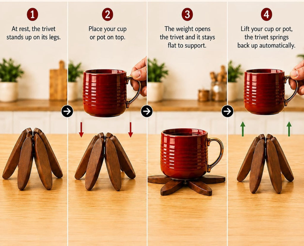 How the Menvel Trivet Opens with Weight - 4 Step Automatic Gravity Mechanism