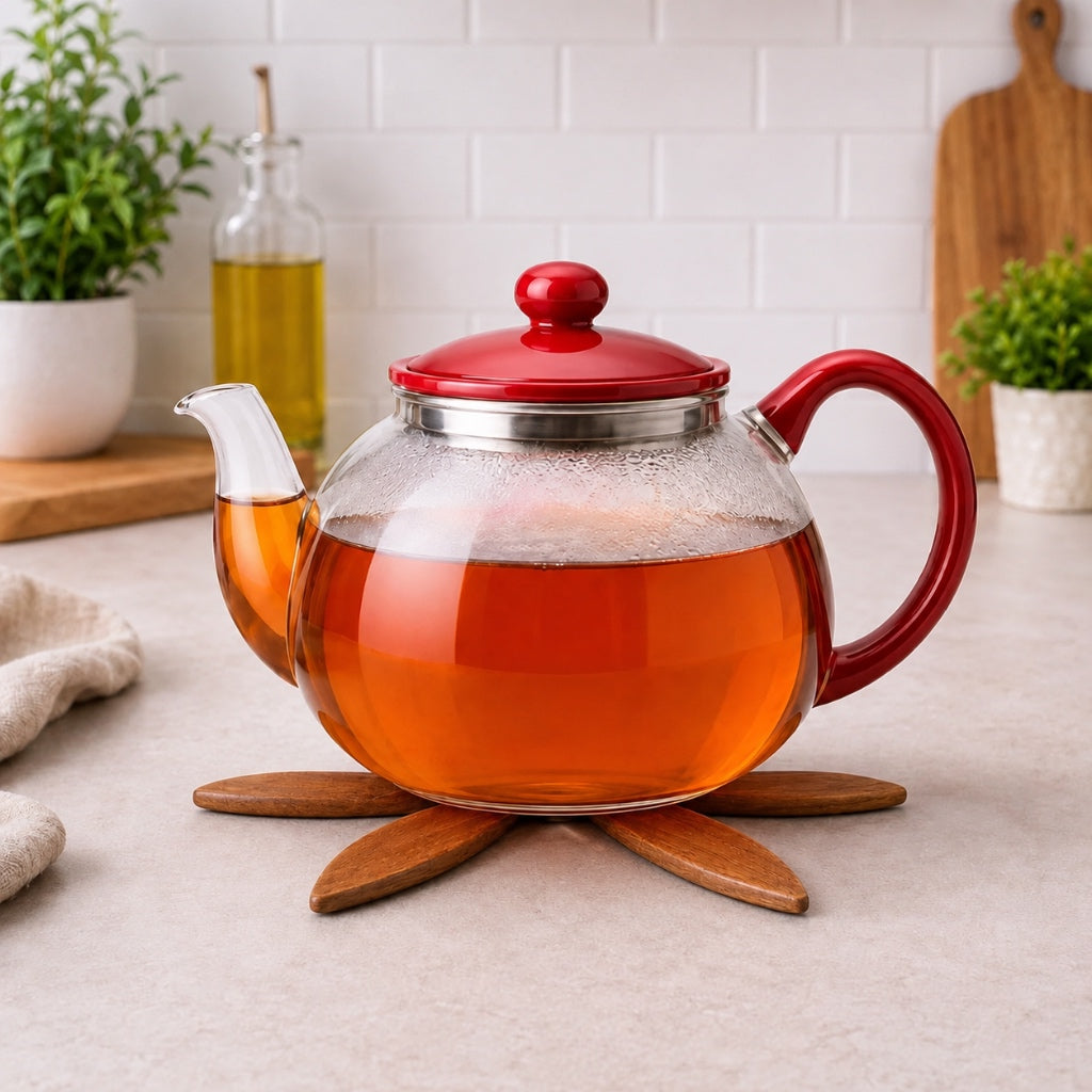 Glass Teapot resting on Menvel Wooden Trivet