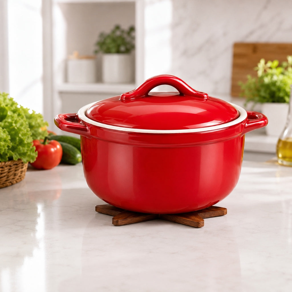 Red Casserole on Menvel Trivet
